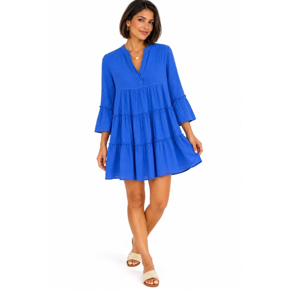Anthropologie Devotion Twins Gauzy Tiered Ella Mini Dress  Womens Size S Blue